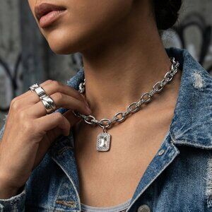 ​18K White Gold Plated Stainless Steel Chunky Chain CZ Pendant Necklace Silver